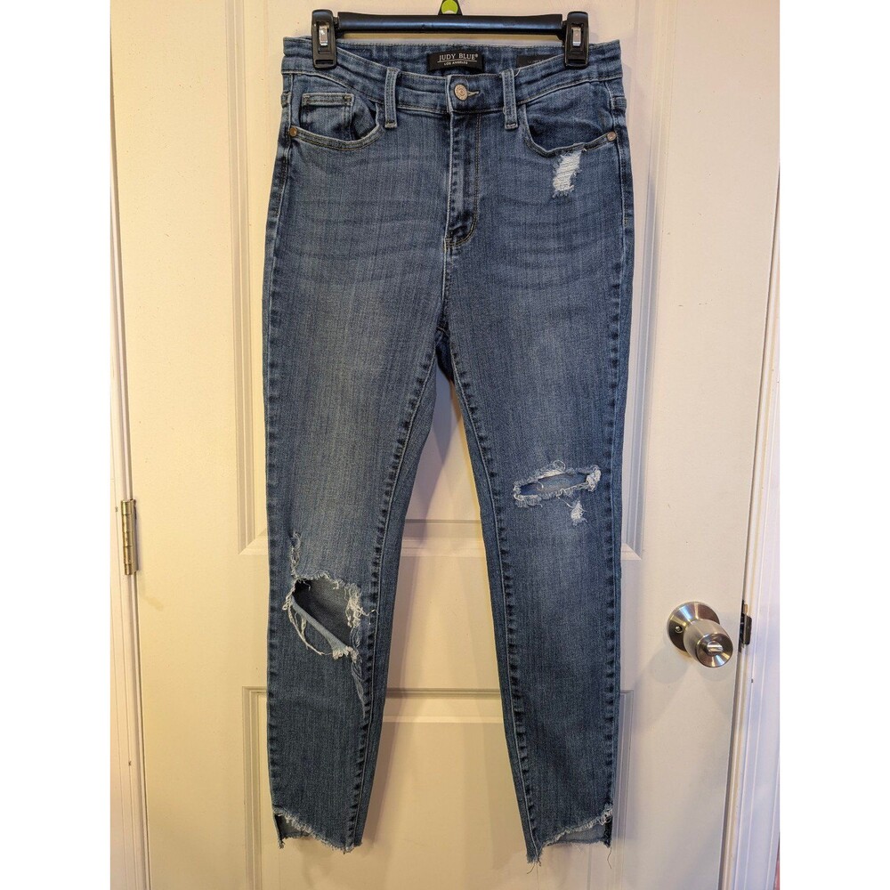 Women's Judy Blue Skinny Fit Distressed Stretch Jeans Raw Hem Dark Blue Size 30